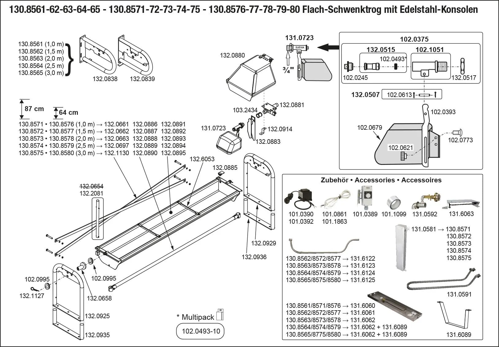 Flachschwenk-Trog 2,0 m - Inhalt 75 l für Bodenmontage, Wanne und