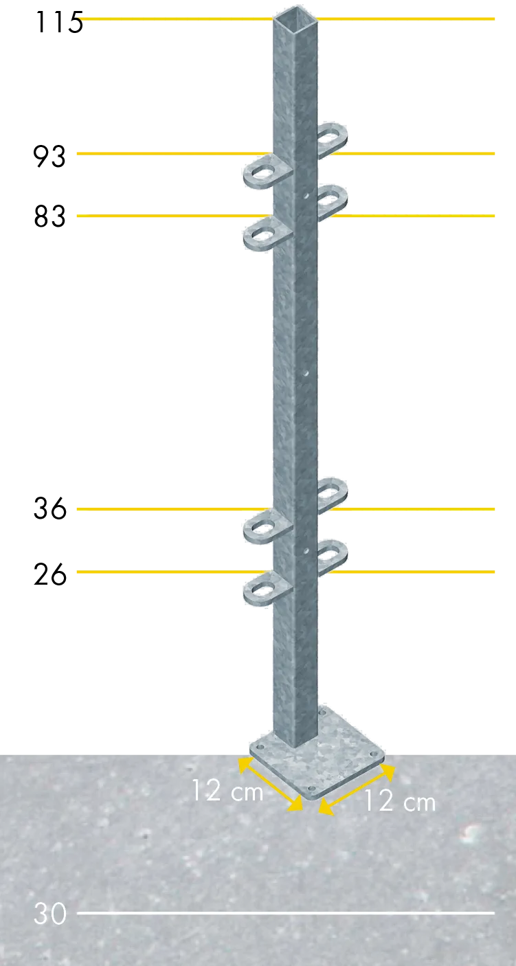 Pfosten Quadrat 40 mm, L= 1,15 m mit Bodenplatte außermittig