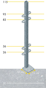 Pfosten Quadrat 40 mm, L= 1,15 m mit Bodenplatte außermittig