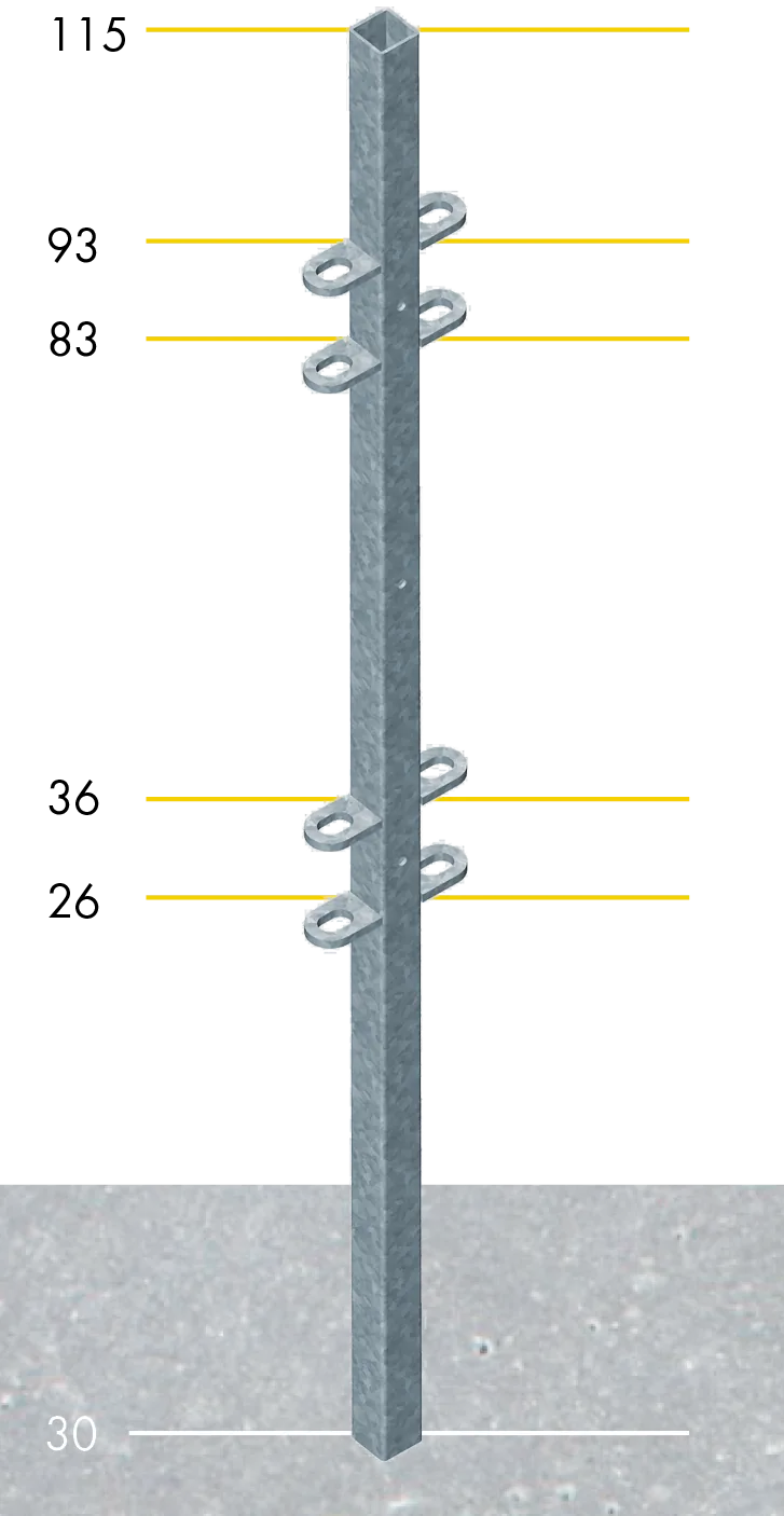 Pfosten Quadrat 40 mm, L= 1,45 m mit angeschweißten Laschen