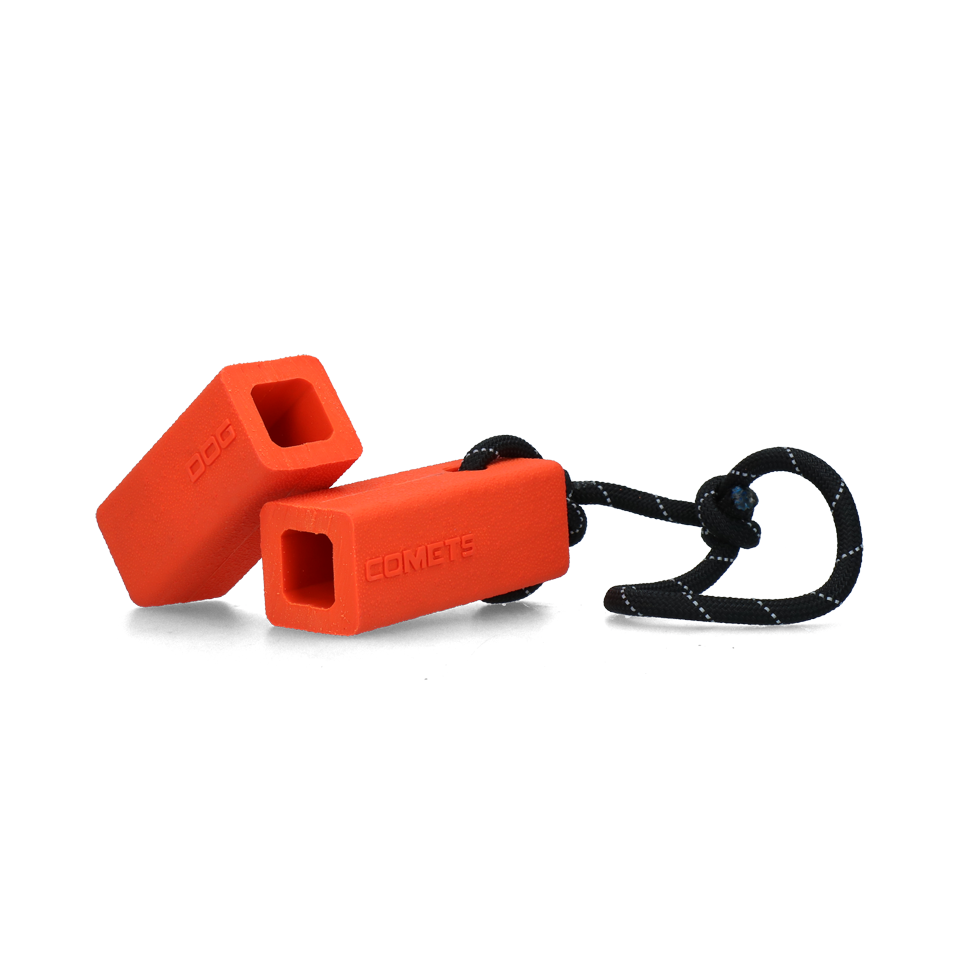 Dog Comets Apportierdummy, Naturkautschuk, schwimmfähig, mit Wurfseil, reflektierend, orange, 20 x 4 x 4 cm