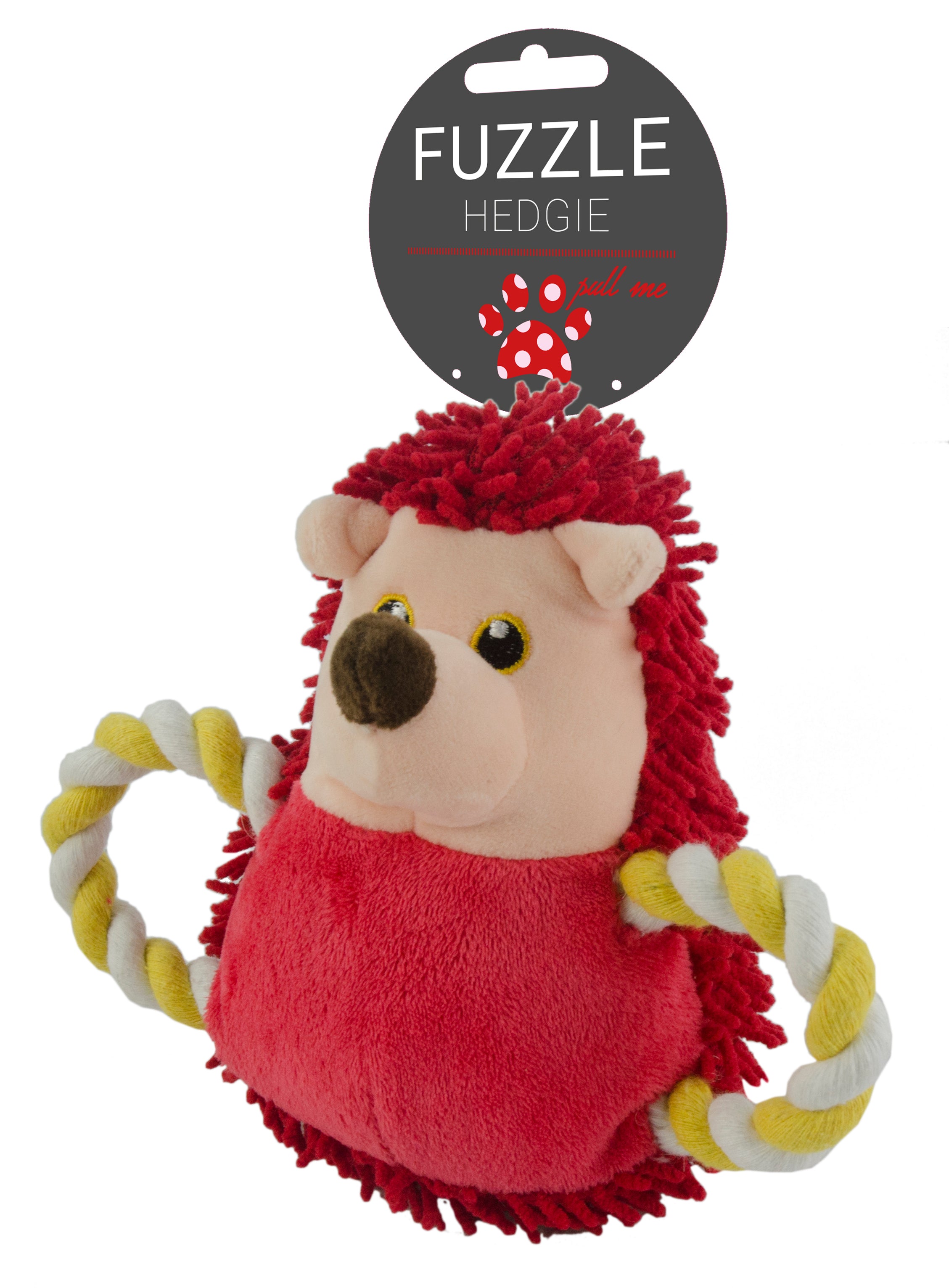 Fuzzle Hundespielzeug, Plüschigel mit Quietscher, Seilschwanz, rot, 26 cm