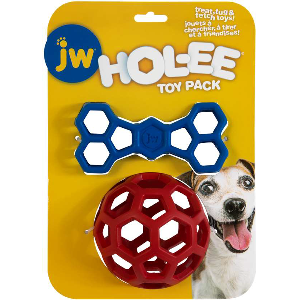 JW Hundespielzeug Set, Hol-ee Roller Medium 11,5 cm, Hol-ee Bone S/M 14 cm, Naturkautschuk