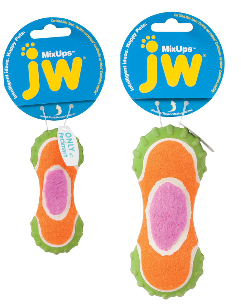 JW Hundespielzeug Mixups Ribbed Barbell, M, mit Quietscher, 14 cm