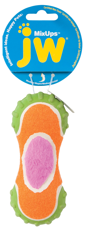 JW Hundespielzeug Mixups Ribbed Barbell, M, mit Quietscher, 14 cm